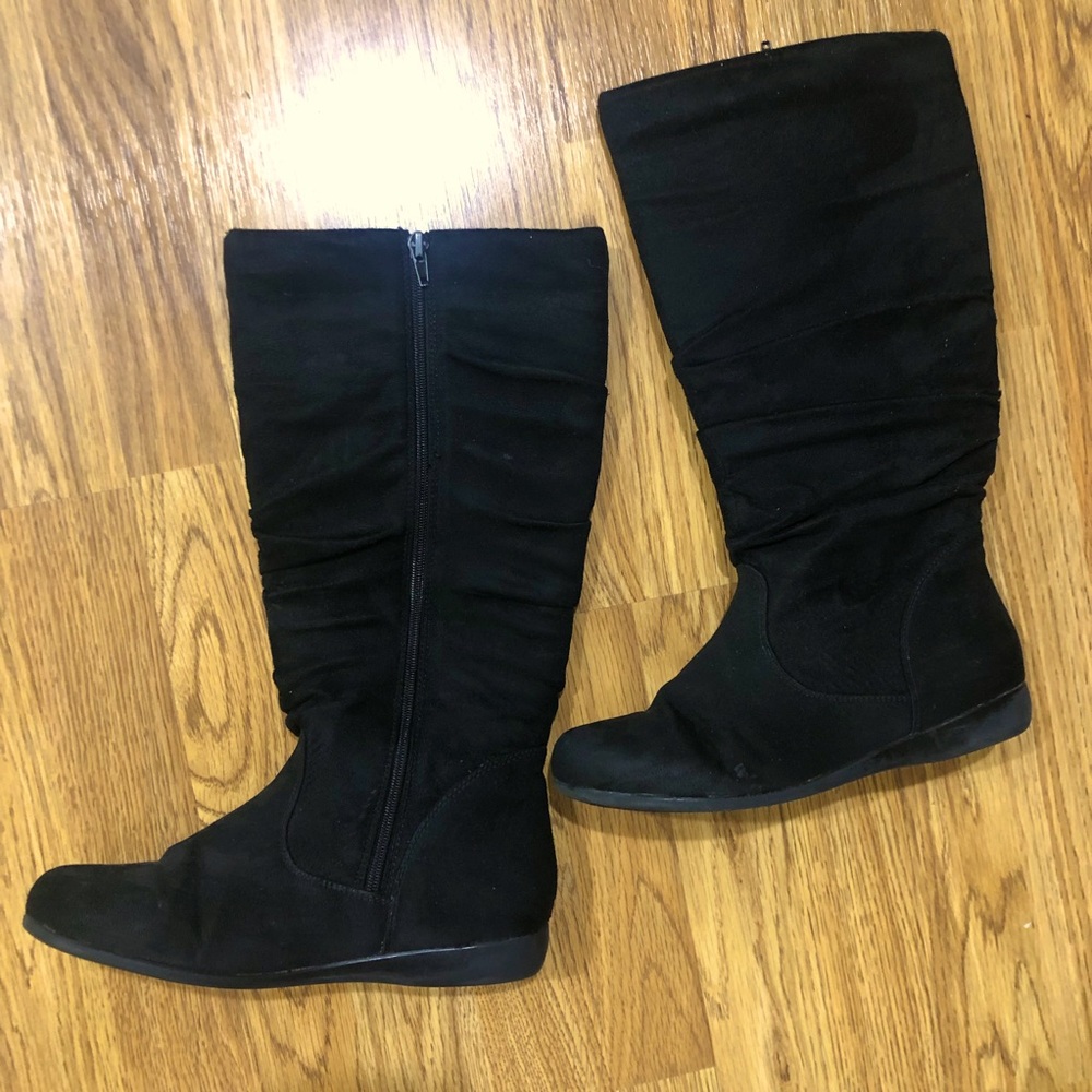 Ladies black suede flat heeled slouched boots